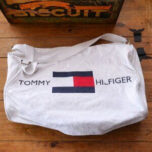 1990s Vintage Tommy Hilfiger Canvas Duffel Bag – White, Adjustable Strap, Sports
